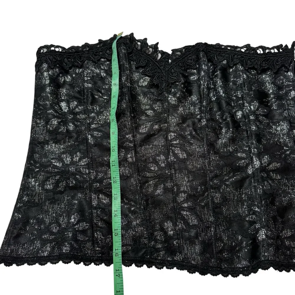 FREDERICKS OF HOLLYWOOD Black Silver Lace Up Corset Sz 42 Hook Eye Boning #8171